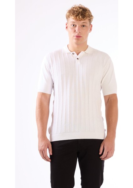 Beyaz Polo Düğmeli Kısa Kollu Düz Renk Fitilli Slim Fit Erkek Triko indirimleri