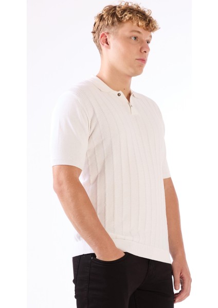 Beyaz Polo Düğmeli Kısa Kollu Düz Renk Fitilli Slim Fit Erkek Triko