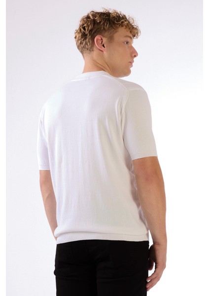 Beyaz Polo Düğmeli Kısa Kollu Düz Renk Fitilli Slim Fit Erkek Triko