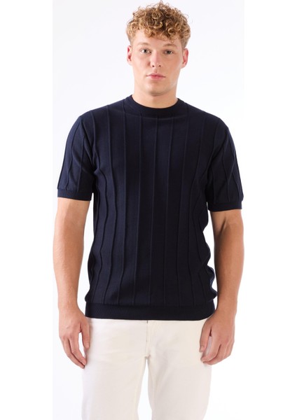 Lacivert Çizgili Desen Kısa Kol Slim Fit Erkek Triko fırsatları