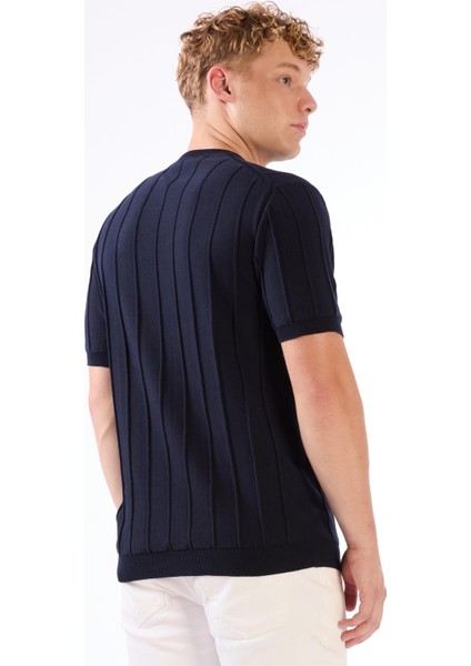 Lacivert Çizgili Desen Kısa Kol Slim Fit Erkek Triko indirimleri
