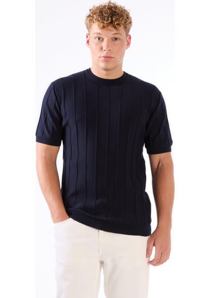 Lacivert Çizgili Desen Kısa Kol Slim Fit Erkek Triko