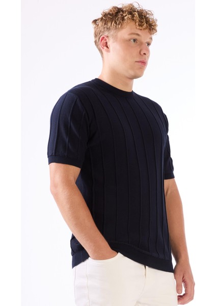Lacivert Çizgili Desen Kısa Kol Slim Fit Erkek Triko