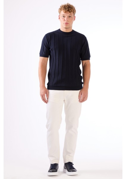 Lacivert Çizgili Desen Kısa Kol Slim Fit Erkek Triko