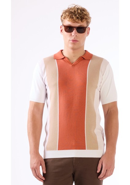 Kiremit Polo V Yaka Blok Desen Kısa Kollu Slim Fit Erkek Triko indirimleri