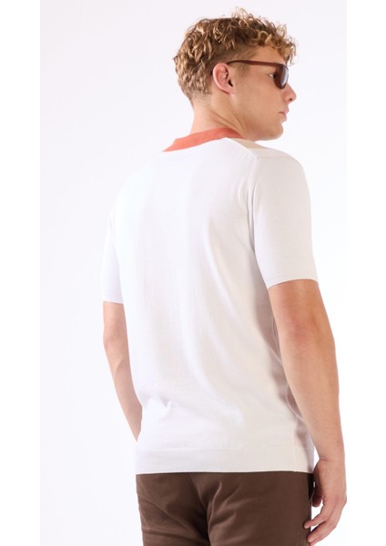 Kiremit Polo V Yaka Blok Desen Kısa Kollu Slim Fit Erkek Triko