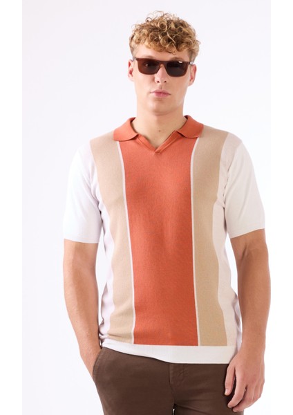 Kiremit Polo V Yaka Blok Desen Kısa Kollu Slim Fit Erkek Triko