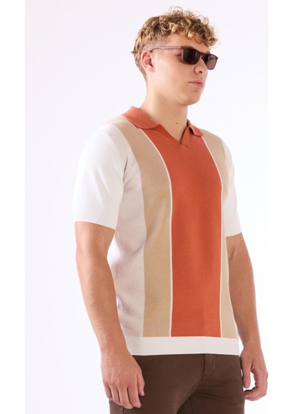 Kiremit Polo V Yaka Blok Desen Kısa Kollu Slim Fit Erkek Triko