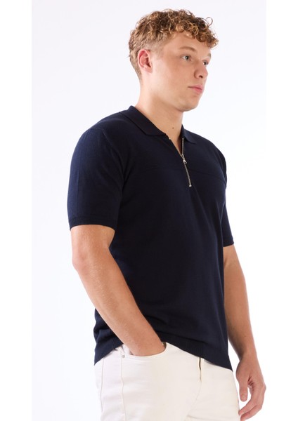 Lacivert Fermuarlı Polo Yaka Kısa Kollu Örgü Slim Fit Erkek Triko