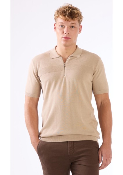 Bej Fermuarlı Polo Yaka Kısa Kollu Örgü Slim Fit Erkek Triko indirimleri