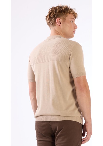 Bej Fermuarlı Polo Yaka Kısa Kollu Örgü Slim Fit Erkek Triko