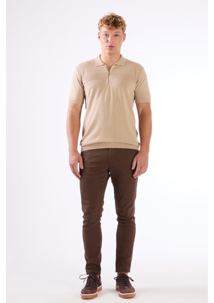 Bej Fermuarlı Polo Yaka Kısa Kollu Örgü Slim Fit Erkek Triko