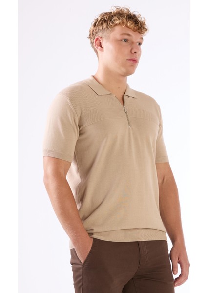 Bej Fermuarlı Polo Yaka Kısa Kollu Örgü Slim Fit Erkek Triko