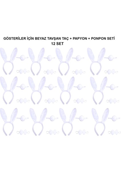 Beyaz Tavşan Kostüm Seti – Taç, Papyon, Kuyruk (12’li Paket)