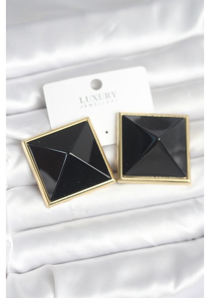 Pirinç Gold Renk Siyah Piramit Model Kadın Küpe - TJ-BKP11385