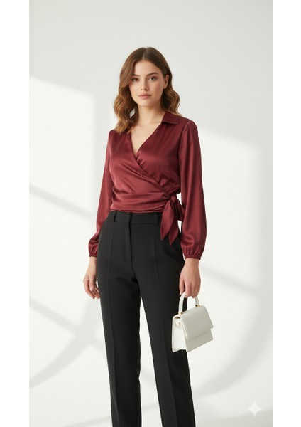 Saten Kruvaze Yaka Yandan Bağlamalı Gömlek Bluz