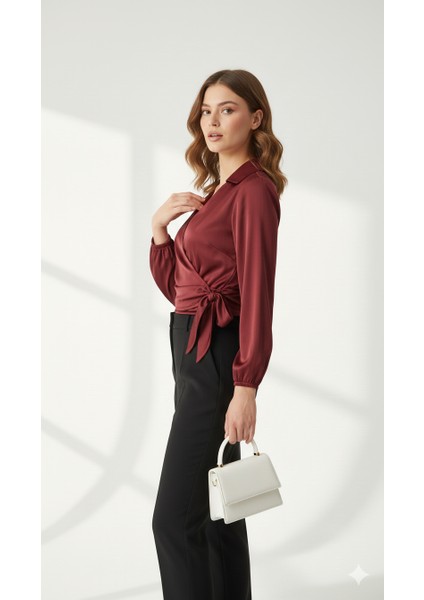 Saten Kruvaze Yaka Yandan Bağlamalı Gömlek Bluz fiyatları