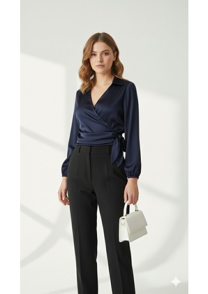 Saten Kruvaze Yaka Yandan Bağlamalı Gömlek Bluz