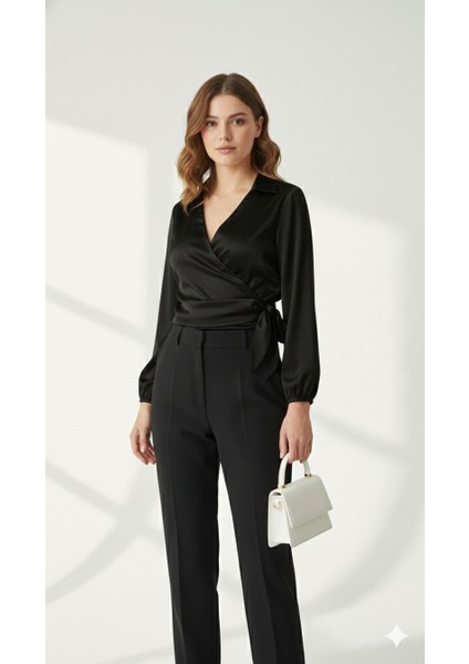 Saten Kruvaze Yaka Yandan Bağlamalı Gömlek Bluz