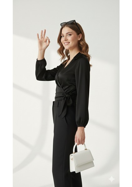 Saten Kruvaze Yaka Yandan Bağlamalı Gömlek Bluz fiyatları