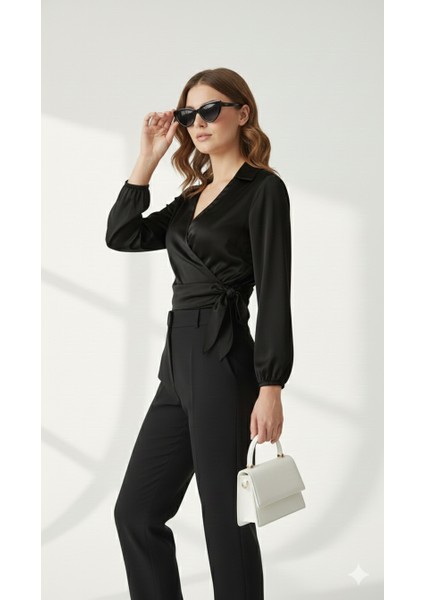 Saten Kruvaze Yaka Yandan Bağlamalı Gömlek Bluz modelleri