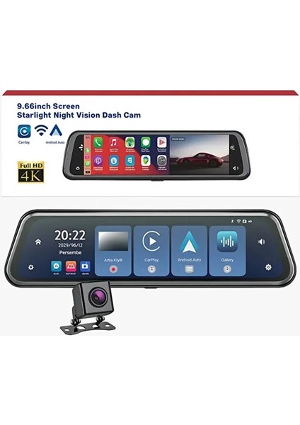 4K IPS Ekran Tam Dokunmatik 9.66” Dikiz Ayna Araç Içi Kamera (4k Ön 1080P Arka) | Carplay fırsatları
