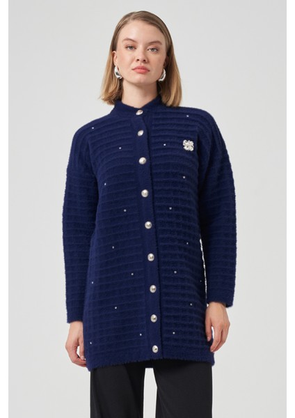 Taş ve Broş Detay Angora Hırka 7010 Lacivert