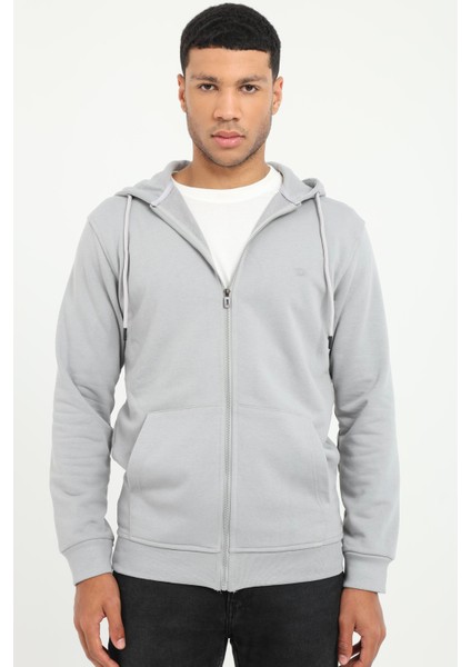 Gri Fermuar Kapamalı Kapüşonlu Erkek Regular Fit Sweatshirt
