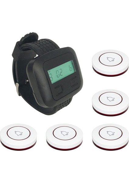 Kablosuz Restoran Çağırma Sistemi 5table Arama Düğmesi Vericileri 1WATCH Çağırıcı Restoran Garson Hizmet Çan Buzzer A (Yurt Dışından)