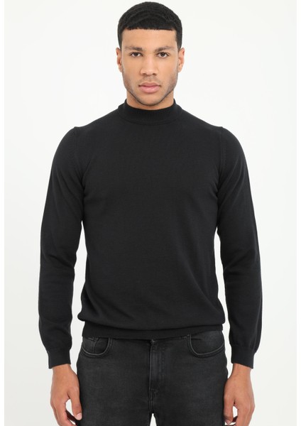 Siyah Yarım Balıkçı Düz Regular Fit Erkek Triko