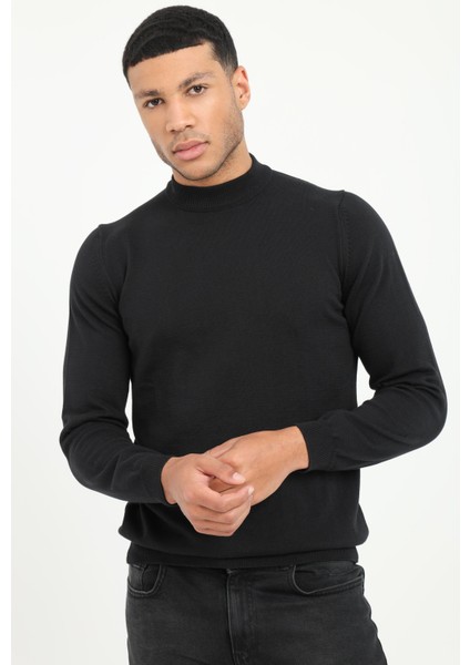 Siyah Yarım Balıkçı Düz Regular Fit Erkek Triko fiyatları