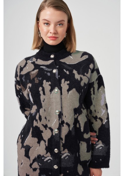 Desenli Düğme Detay Angora Hırka 7006 Siyah