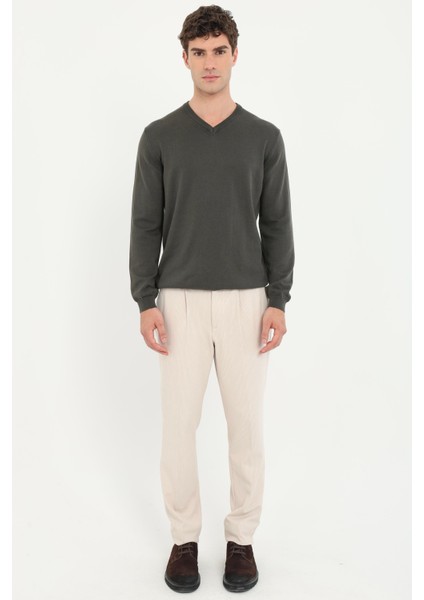 Haki V Yaka Regular Fit Düz Erkek Triko fiyatları