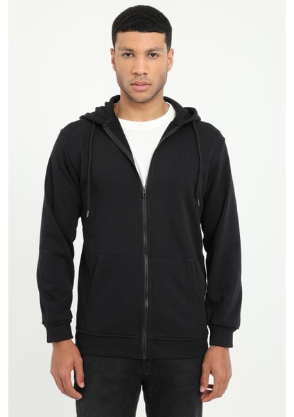Siyah Fermuar Kapamalı Kapüşonlu Erkek Regular Fit Sweatshirt