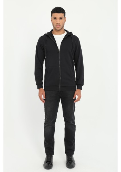 Siyah Fermuar Kapamalı Kapüşonlu Erkek Regular Fit Sweatshirt modelleri