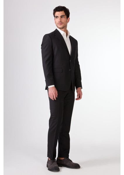 Siyah Düz Renk Yünlü Slim Fit Erkek Takım Elbise