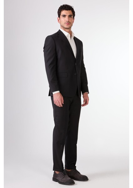 Siyah Düz Renk Yünlü Slim Fit Erkek Takım Elbise modelleri