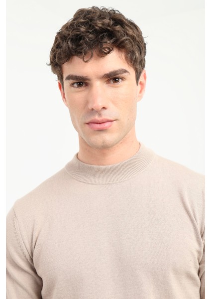 Bej Yarım Balıkçı Düz Erkek Regular Fit Triko