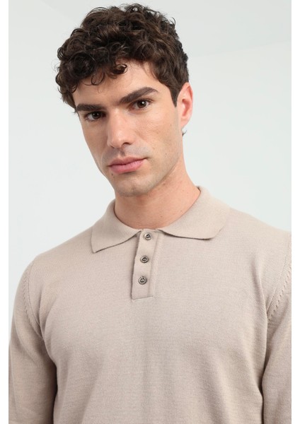 Bej Polo Yaka Düz Regular Fit Erkek Triko