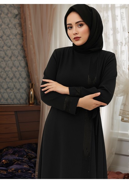 Tesettür Taş Işlemeli Kuşaklı Ferace Özel Tasarım Şık ve Zarif Kadın Tesettür Elbise Modeli fiyatları