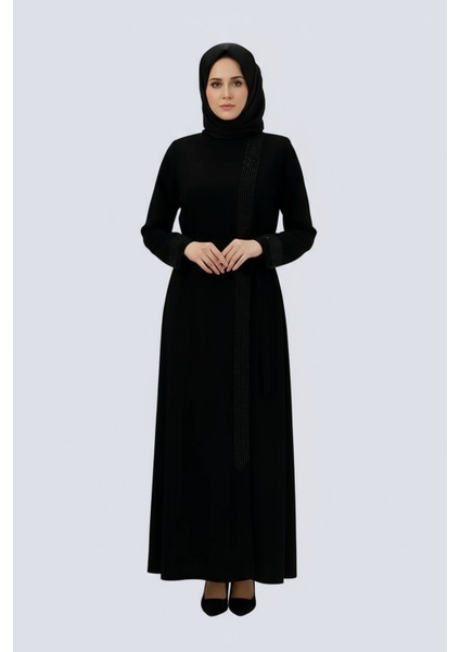 Tesettür Taş Işlemeli Kuşaklı Ferace Özel Tasarım Şık ve Zarif Kadın Tesettür Elbise Modeli fırsatları