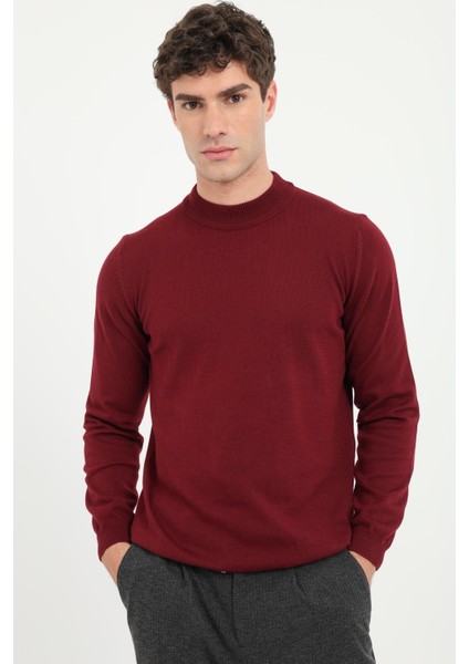 Bordo Yarım Balıkçı Düz Regular Fit Erkek Triko