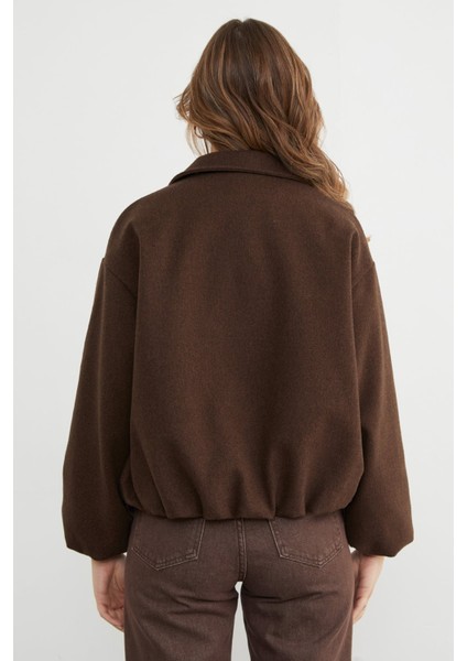 Fermuarlı Cepli Polo Yaka Kaşe Bomber Mont