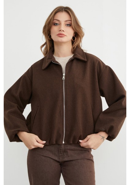 Fermuarlı Cepli Polo Yaka Kaşe Bomber Mont