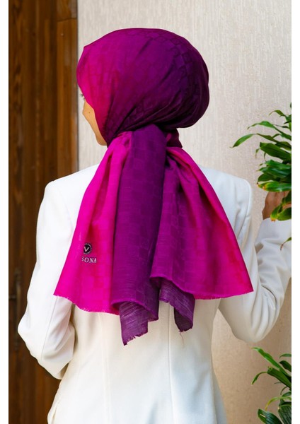 %57 Ipek %43 Pamuk Degrade Desenli Fuşya Renkli Şal - 70X190 Dikiş Tipi Italyan Dikişli