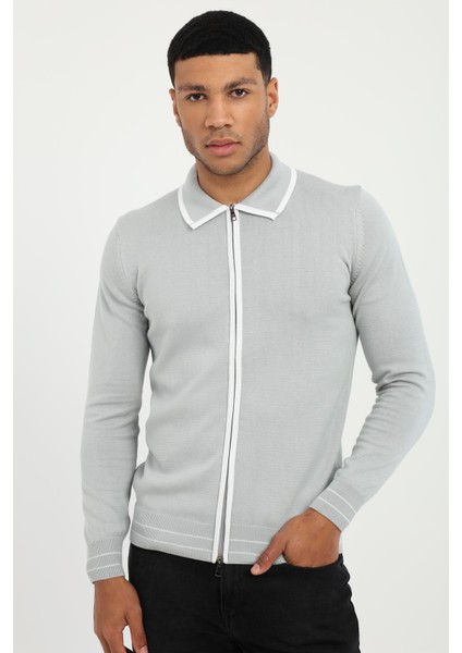 Gri Polo Yaka Düz Fermuarlı Regular Fit Erkek Triko