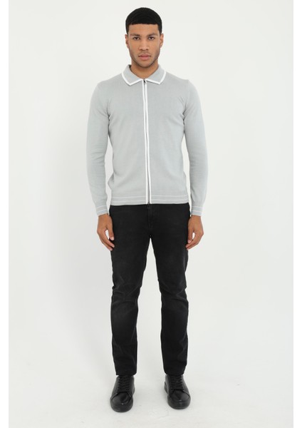 Gri Polo Yaka Düz Fermuarlı Regular Fit Erkek Triko fiyatları