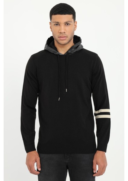Siyah Uzun Kollu Kapüşonlu Slim Fit Erkek Triko
