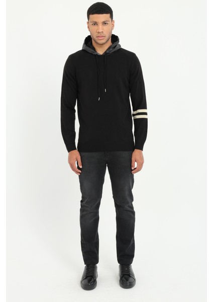 Siyah Uzun Kollu Kapüşonlu Slim Fit Erkek Triko modelleri