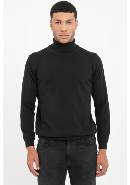 Siyah Tam Balıkçı Düz Regular Fit Erkek Triko